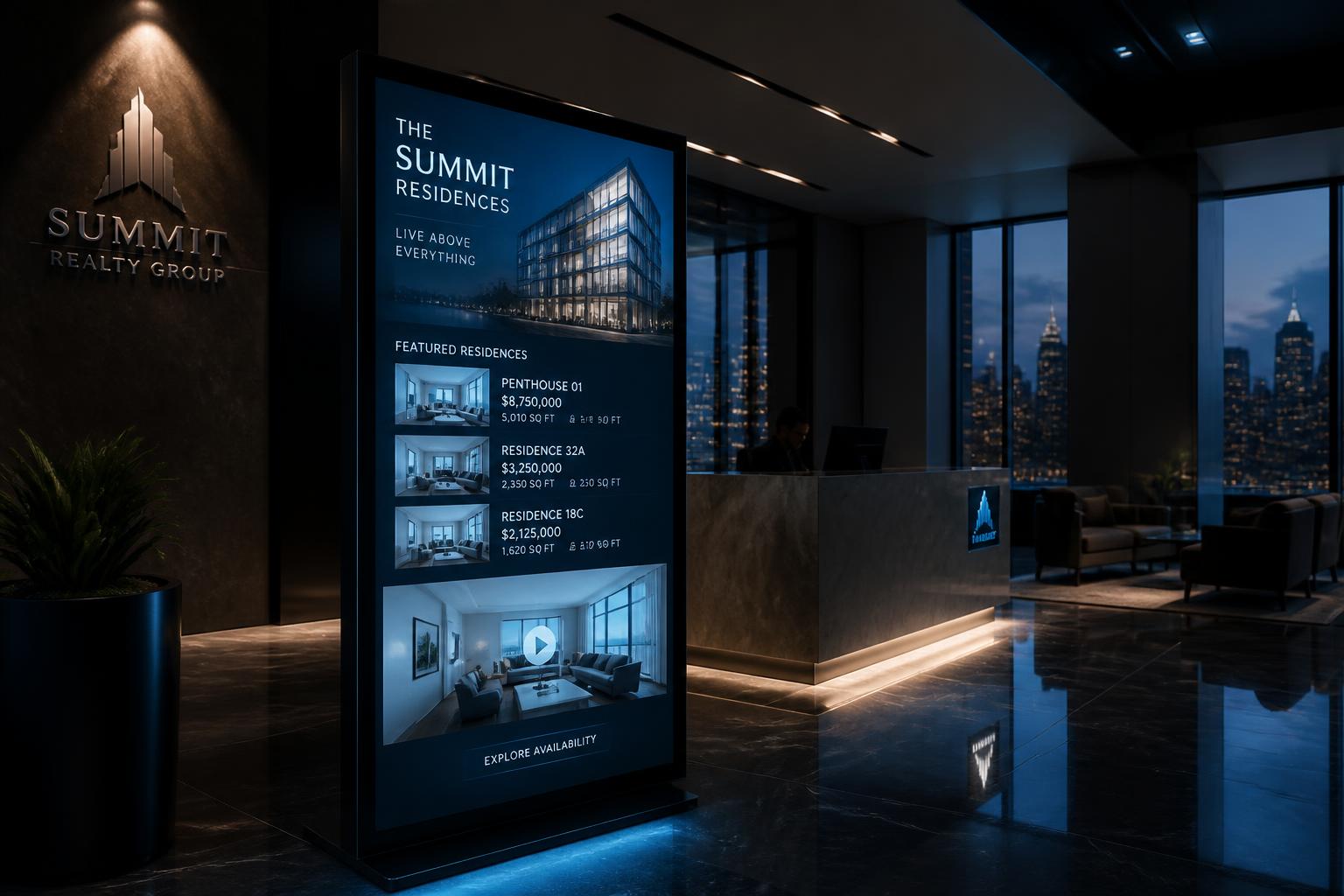 Totem digital IFLVISION exibindo conteúdo imobiliário em um lobby corporativo premium
